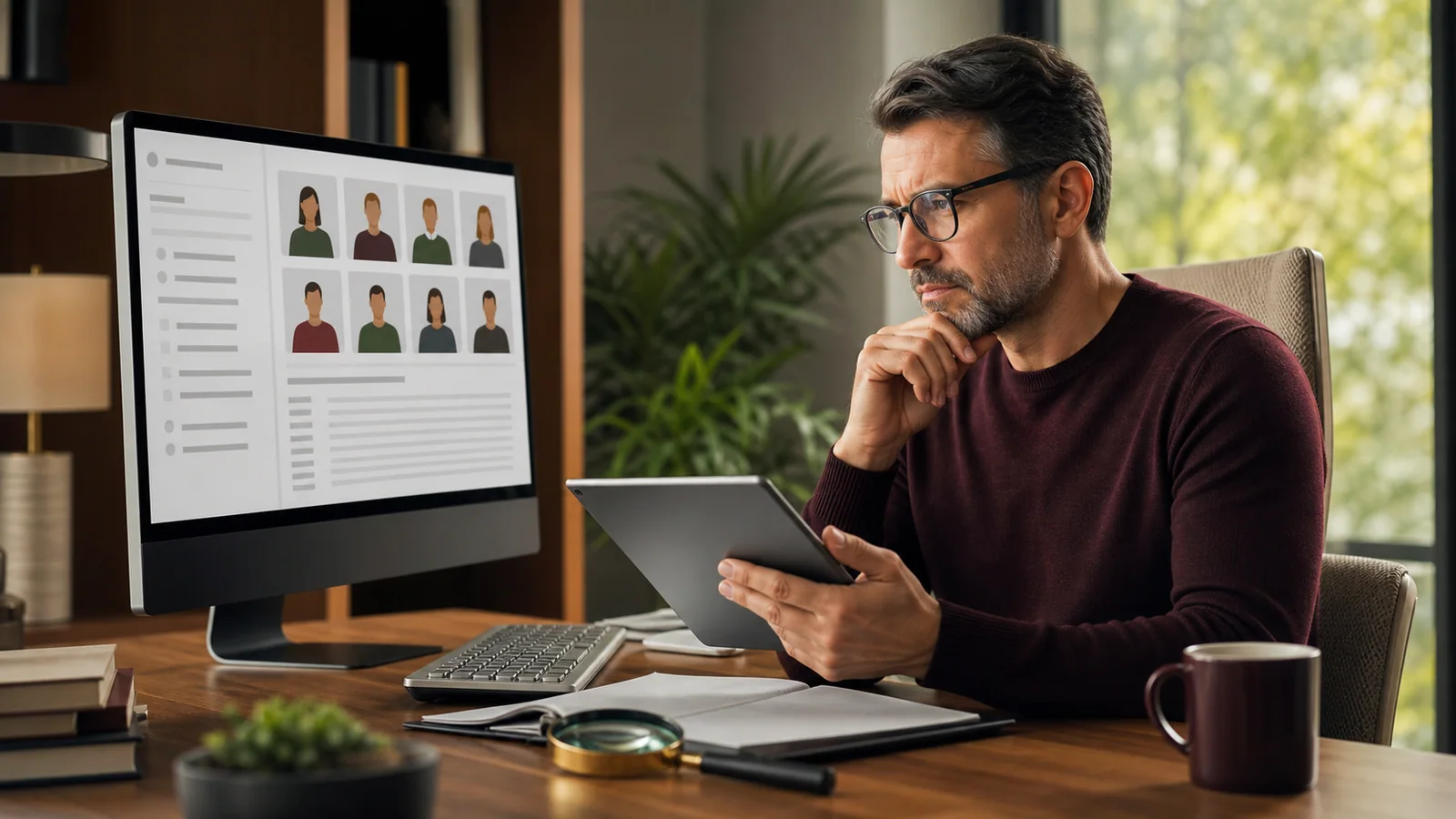 Homme adulte comparant méthodiquement les critères d’une plateforme en ligne