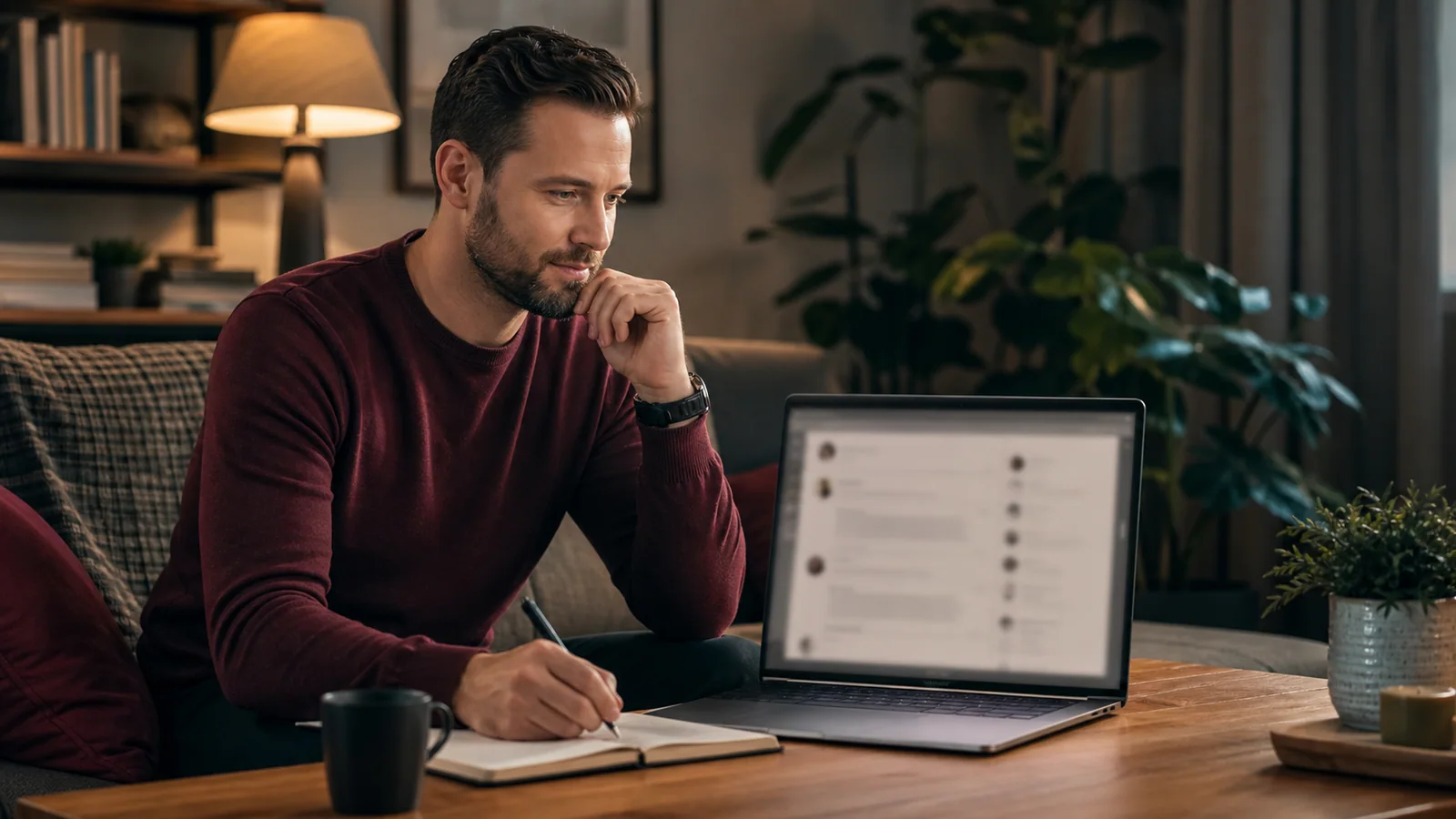 Homme adulte rédigeant avec attention un message depuis son ordinateur portable