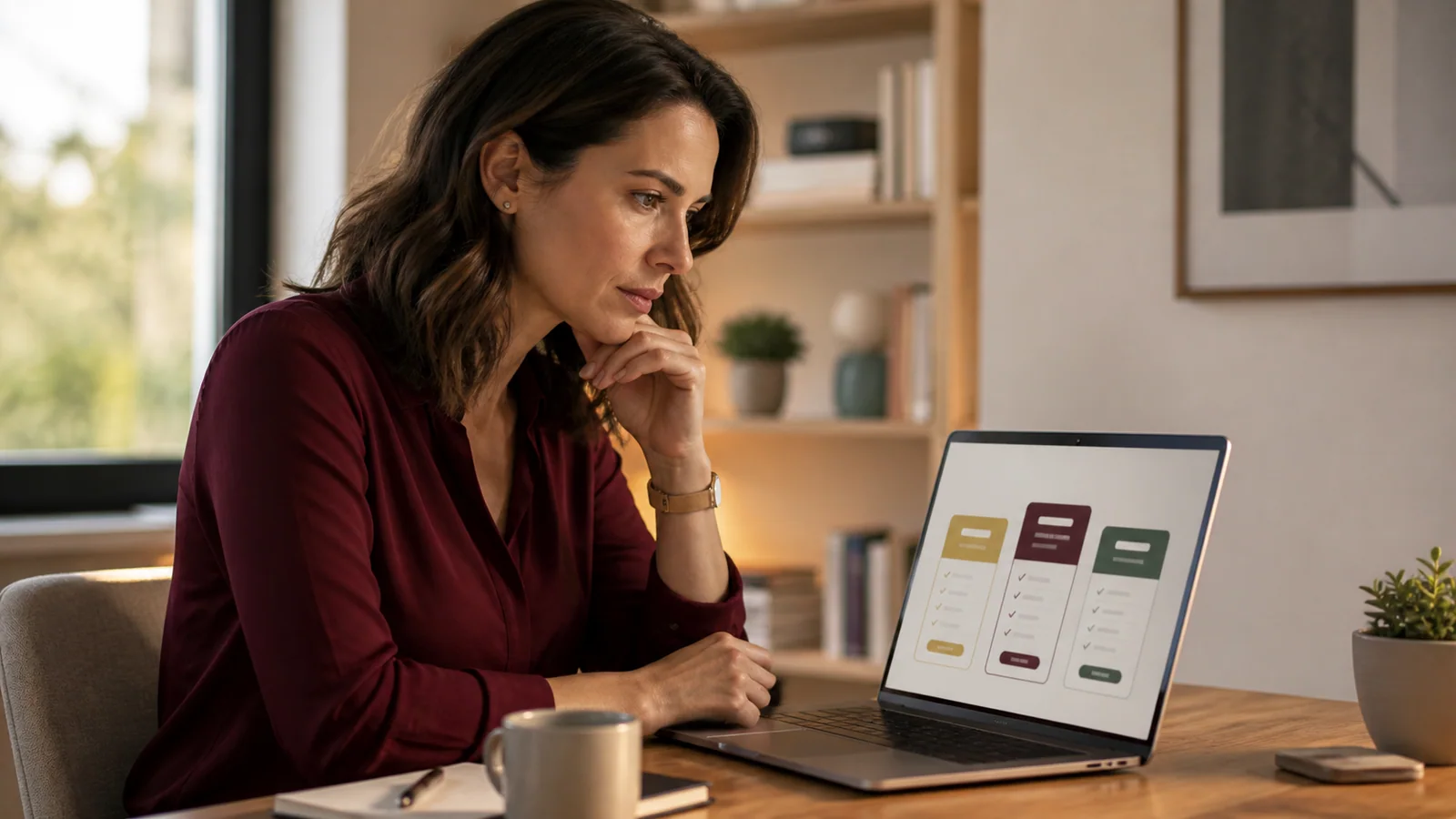 Femme adulte comparant avec attention plusieurs formules affichées sur un ordinateur portable