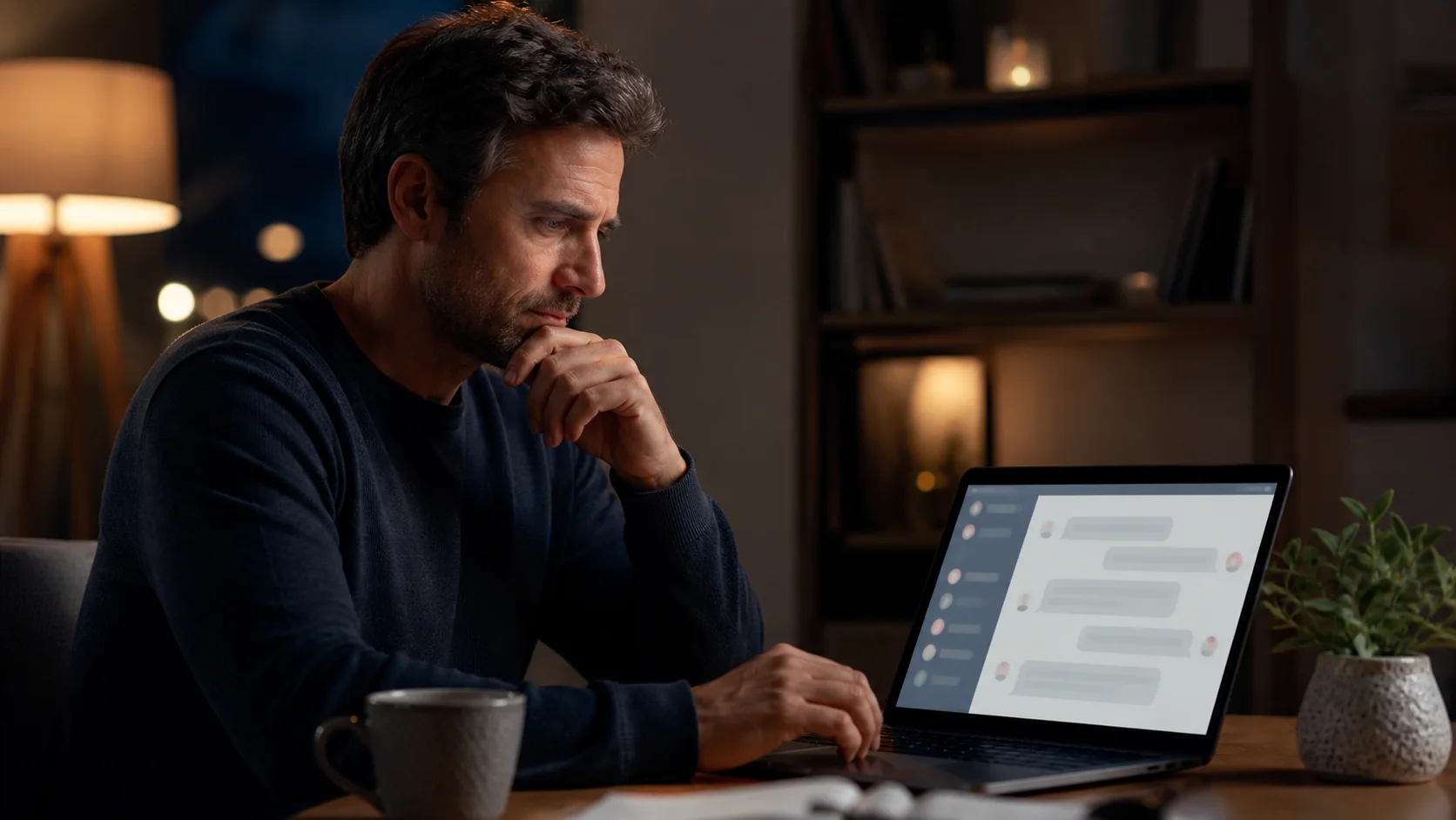 Homme adulte réfléchissant devant un forum de discussion affiché sur son ordinateur portable
