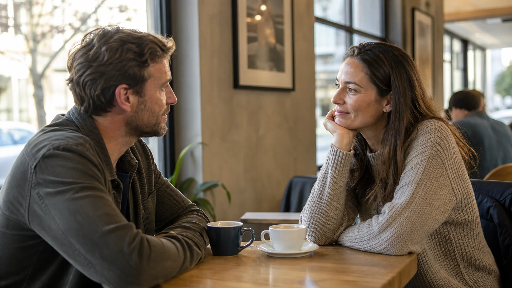 Deux adultes échangeant calmement autour d’un café dans un lieu public