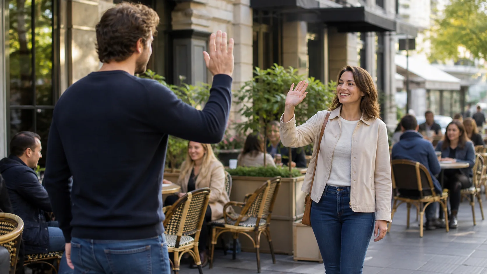 Deux adultes se saluant pour un premier rendez-vous sur la terrasse fréquentée d’un café