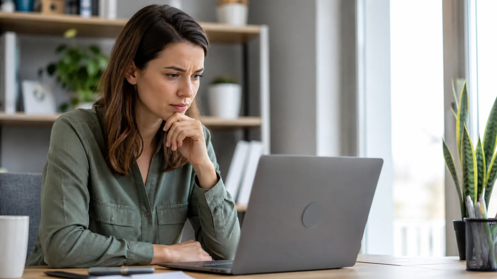 Femme adulte examinant avec vigilance un profil sur un ordinateur portable