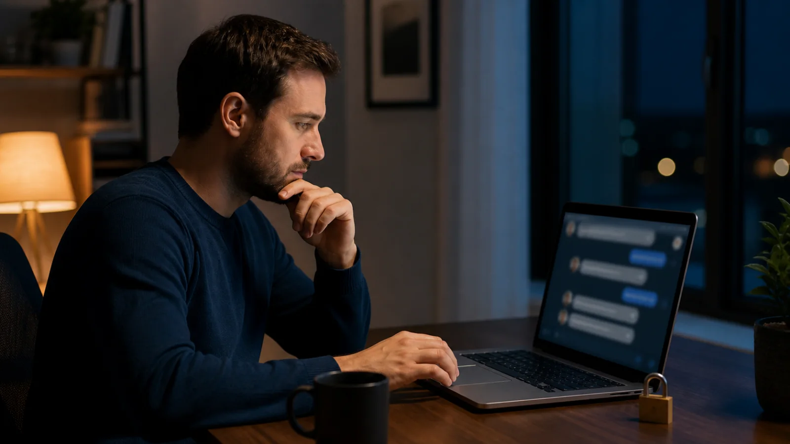 Homme adulte discutant tard le soir sur un ordinateur portable avec un petit cadenas posé sur le bureau
